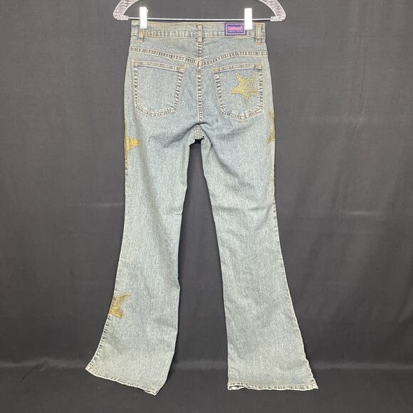 Vtg Y2K Bubblegum Jeans Womens 3/4 Flare Gold Glitter Embroidered Stars Low Rise - Picture 4 of 11
